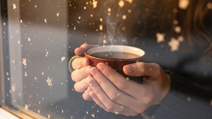 Warm hands embrace steaming cocoa, a cozy winter moment by a snowy window, perfect for holiday ads and seasonal greetings, invoking peace and hygge