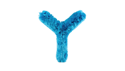 Blue, furry letter Y, central against stark black backdrop; its soft texture contrasts the darkness