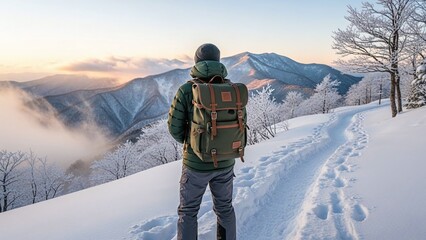 Stunning winter mountain view as hiker pauses to admire snow covered peaks at sunrise, perfect for travel ads and outdoor adventure promotions