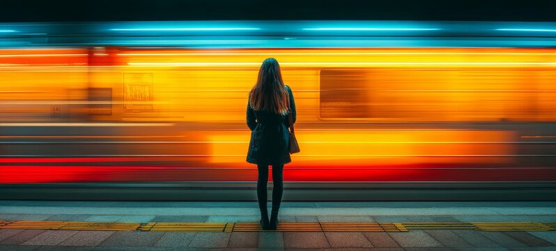 Long-Exposure Subway Scene with Girl&rsquo;s Straight Afterimage Streak Across Frame in Bright, High-Contrast Modern Photography Style