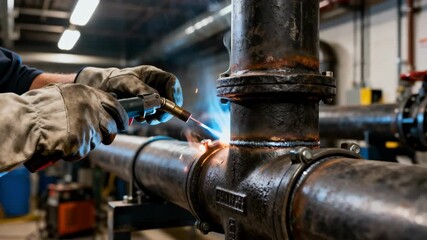 Closeup of hands welding and reinforcing sturdy cast iron pipes as part of an industrial plumbing retrofit sequence in a commercial facility.