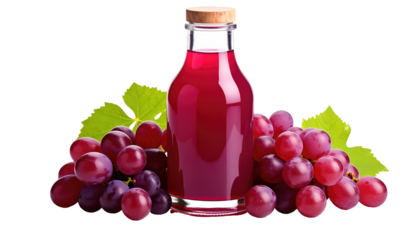 Glass bottle filled with grape juice sits amongst grapes and green leaves against a black background