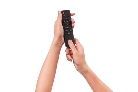 Hand holding remote control isolated on isolated on transparent PNG.	