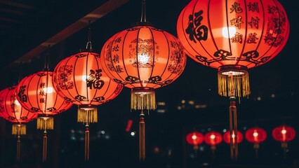 Celebrate vibrant Lunar New Year with glowing red lanterns illuminating night, perfect for festive designs and cultural promotions, warm inviting spirit