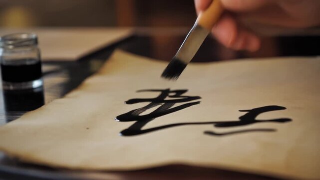 Close-up of a hand using a brush to write black ink calligraphy on light brown paper.
