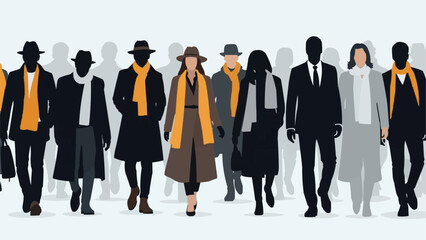 Diverse group of people walking forward in stylish attire with some in silhouette.