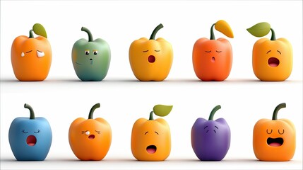 A collection of cartoon fruit characters, each with a different color and facial expression, conveying various emotions against a clean white backdrop.