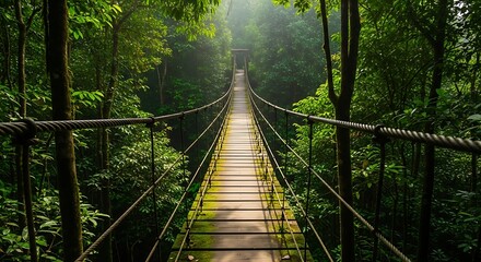 Obraz premium Suspension bridge stretching through a lush green tropical rainforest.