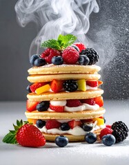 Tall steaming fruit pancake stack