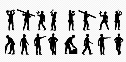 Collection of black silhouettes depicting construction workers and handymen performing various tasks with tools and materials.
