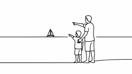 Father and son pointing at a sailboat on the horizon, enjoying a day at the beach.