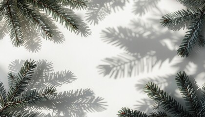 Obraz premium Festive holiday background with fir branches and soft shadows on a white surface