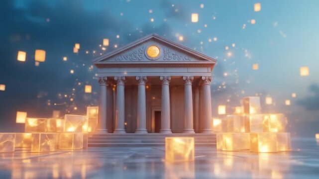 A digital bank building connected by glowing blockchain cubes. Representing financial technology, FinTech, and secure, modern network services. 4k video