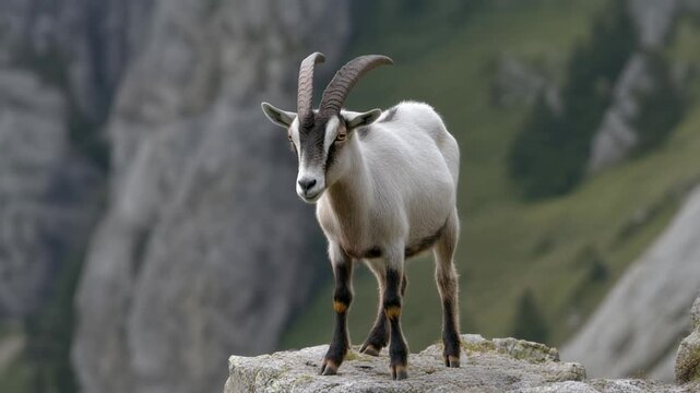 A majestic white mountain goat with prominent horns stands proudly on a rocky cliff overlooking a vast, green mountainous landscape.