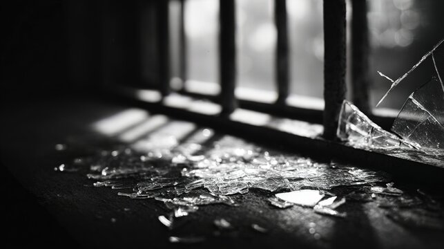universalism. A broken glass pane with the blurred shadow of prison bars behind it. wellbeing guides, coaching materials, designed for mental health education and mindfulness programs.