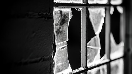universalism. A broken glass pane with the blurred shadow of prison bars behind it. wellbeing guides, coaching materials, designed for mental health education and mindfulness programs.