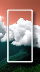 An abstract landscape featuring a white framed image of clouds and mountains, with a gradient background of orange and green.