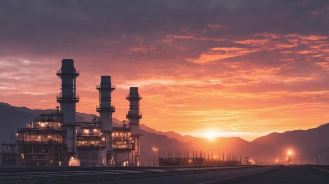 Industrial Silhouette at Dusk: A stark yet compelling image of an industrial facility, silhouetted against a dramatic sunset. The setting sun casts a warm glow.