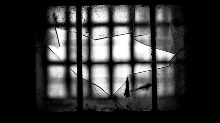 universalism. A broken glass pane with the blurred shadow of prison bars behind it. wellbeing guides, coaching materials, designed for mental health education and mindfulness programs.