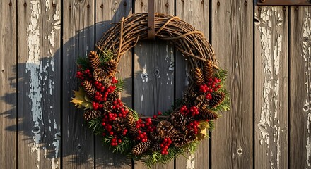 Rustic wreath with pine cones and red berries hanging on wooden door