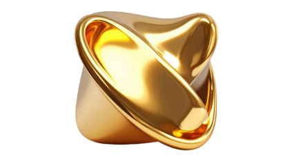 Golden, metallic, abstract shape appears twisted, looped, and reflective, set against a stark black background