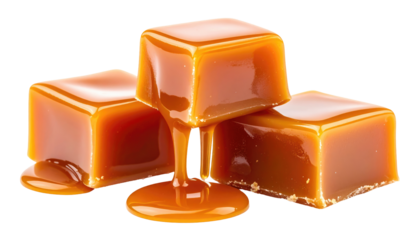 Three caramel candies, one dripping sweet sauce, isolated on a black background, highlighting the candies' glossy sheen