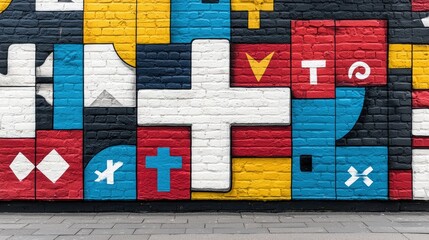 A vibrant brick wall mural featuring a geometric design with various shapes and symbols in multiple colors. The artwork is on a brick wall with a sidewalk in fr