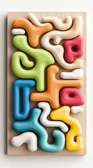 An abstract composition featuring colorful, rounded shapes arranged on a wooden board. The design is modern and visually appealing, with a focus on color and fo