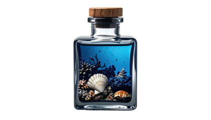 Glass bottle holding a miniature seascape, showcasing coral, shells, and a tiny pagoda on dark background