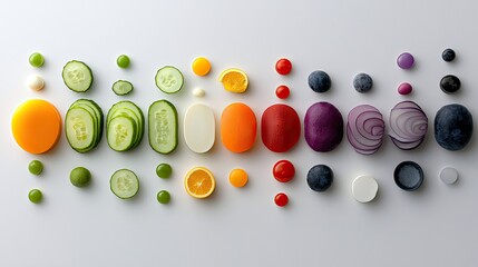 An overhead shot of various fruits and vegetables arranged in a colorful row on a white background, creating a visually appealing composition.