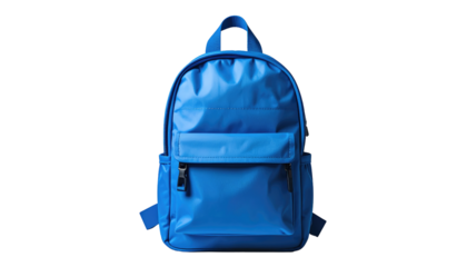 Bright blue backpack, against a stark black background, features pockets and buckles