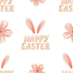 Watercolor Happy Easter Text with Bunny Ears and Flowers. Repeating watercolor design with Happy Easter text, bunny ears, and pastel pink flowers on a white background.