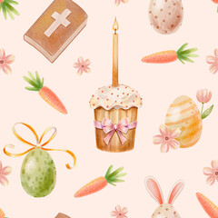Watercolor Easter Seamless Pattern with Cake, Bible, Eggs, and Carrots on Pastel Background. Repeat print festive spring holiday design.