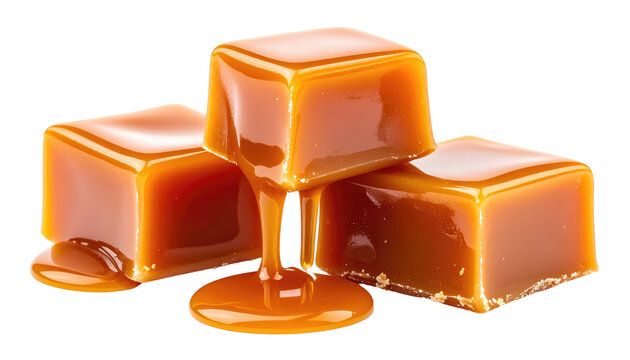 Three caramel candies, one dripping sweet sauce, isolated on a black background, highlighting the candies' glossy sheen