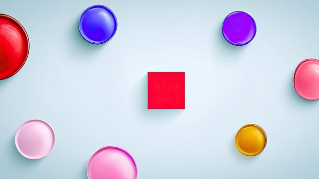 Arrangement of colorful geometric shapes including circles and a square on a light blue background, creating a minimalist and modern design.