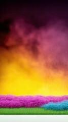 A vibrant landscape featuring a colorful field, rain, and a dramatic sky with a mix of colors.