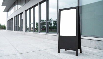 Fototapeta premium Modern black A-frame sign mockup in a clean, commercial gym district.