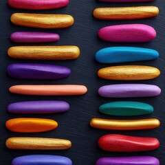 Close-up of a pattern of colorful oval shapes arranged on a dark textured background. The shapes are painted in various vibrant colors.