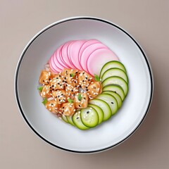 Overhead shot of a poke bowl with salmon, radish, and cucumber slices arranged in a white bowl on a beige background.