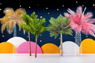 An artistic composition featuring colorful palm trees against a dark blue background with abstract shapes and golden orbs.