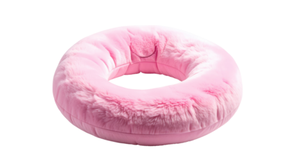 Fluffy, plush, soft pink cushion with a circular, donut shape against a transparent background