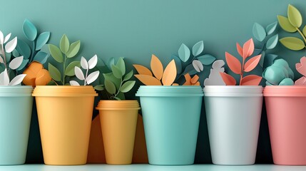 A row of colorful pots with paper leaves against a teal background, creating a minimalist and artistic composition.