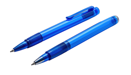 Two translucent blue pens on a black background, one capped and one uncapped, at a slight angle