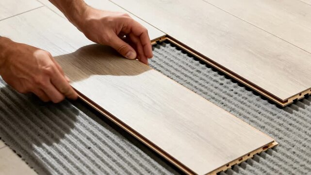 Floating laminate flooring being aligned manually with visible underlayment beneath emphasizing the easy and versatile installation technique.