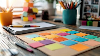 A desk with colorful sticky notes, pens, a notebook, and pencils, suggesting a creative workspace or brainstorming session. The scene is lit with natural light.