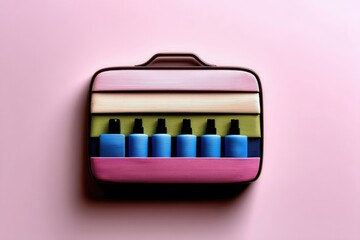 A suitcase with multiple blue cosmetic bottles inside, set against a pink background. The image has a clean, minimalist aesthetic.