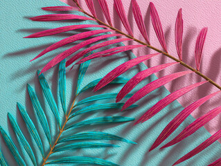 Diagonal arrangement palm leaves dried grass pastel background realistic image