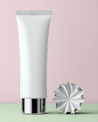 A white cosmetic tube and a silver abstract object are displayed against a pastel pink and green background. The image is clean and minimalist.