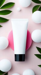 A white cosmetic tube is placed on a pink background, surrounded by white spheres and green leaves. The composition is viewed from above, creating a minimalist