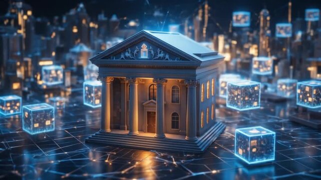 A digital bank building connected by glowing blockchain cubes. Representing financial technology, FinTech, and secure, modern network services. 4k video